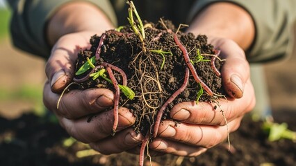 Detailed close up view of a person holding dark, rich soil in their hands with visible earthworms and sprouting green plants, revealing healthy garden ecosystem