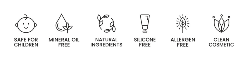 Organic and natural cosmetic line icons. Skincare symbol. Allergen free badges. Beauty product. Clean cosmetic. Non toxic logo. Eco, vegan label. Safe for children. Vector illustration