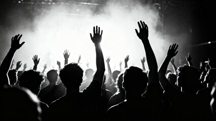 Crowd raising hands at live concert in black and white