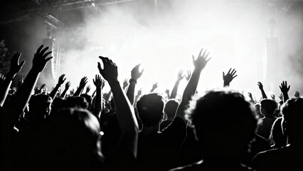 Crowd raising hands at live concert in black and white