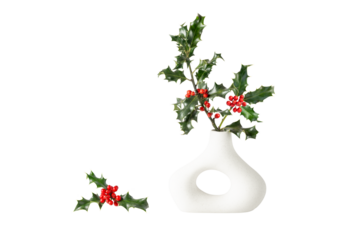 Holly branches with red berries and green leaves in retro donut shape vase isolated on white background. Christmas plant interior decoration.