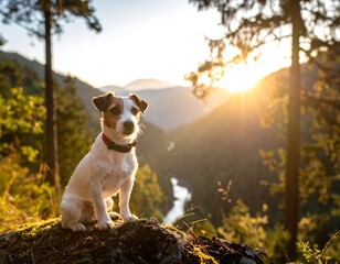 A small dog enjoys a scenic overlook, sunlit, mountains in background