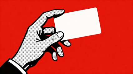 Hand holding blank white card mockup on red background