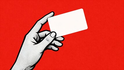 Hand holding blank white card mockup on red background