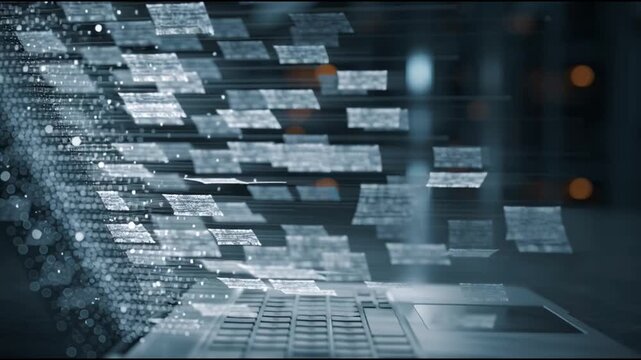 Digital Information Flow: A visual representation of data transfer, showcasing the intricate flow of information emerging from a laptop, symbolizing the dynamism of technology.