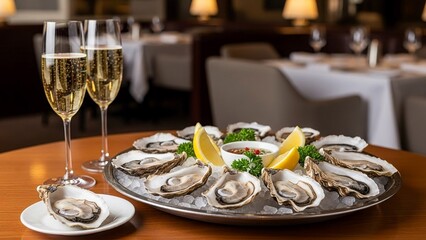 Elegant oyster platter on ice with lemon wedges near glasses of sparkling wine on a warmly lit restaurant table suggesting luxury dining