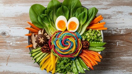 Eye catching rainbow noodle bowl with bok choy, eggs, carrot strips, peas, and an assortment of fresh vegetables on a rustic table