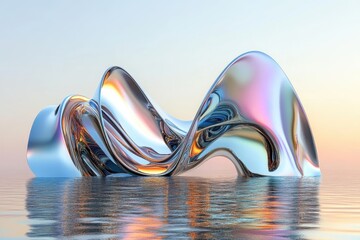 abstract 3d rendering, wavy iridescent metallic shape above the water with reflection. Modern unique wallpaper