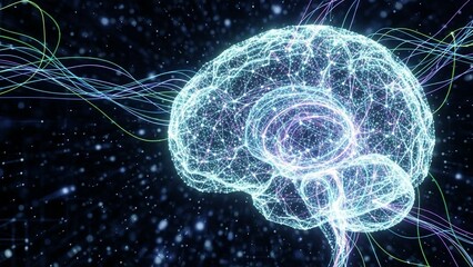 Digital brain with connection lines amid a twinkling starscape evokes artificial intelligence, machine learning, cognitive function, and neural network concepts