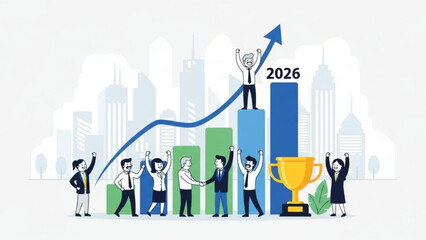 Business success in 2026 team celebrating growth on chart with trophy city skyline background flat v