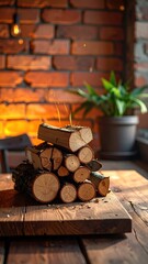 Wood stack on rustic table.