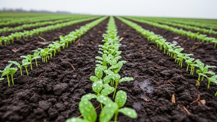 Young crop sprouts in rows, showcasing precision agricultural field planting with rich soil and promising green shoots in early growth stages