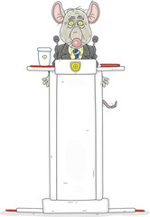 Old mangy rat official in a business suit with a tie giving its very important boring speech on a high rostrum with microphones at a meeting or conference, vector cartoon illustration on white