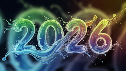 Colorful 2026 text abstract liquid splash design futuristic new year concept for celebration