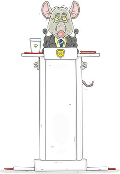 Old mangy rat official in a business suit with a tie giving its very important boring speech on a high rostrum with microphones at a meeting or conference, vector cartoon illustration on white