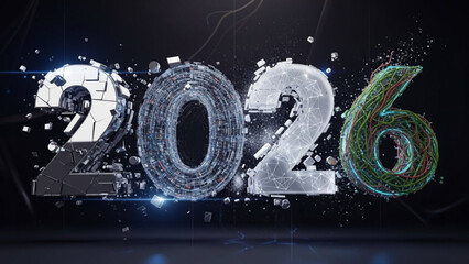 Year 2026 text futuristic digital design with shattered elements and glowing particles representing 