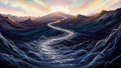 Winding path to 2026 on mountain peak representing future goals and journey concept for new year and