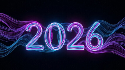 Neon glowing 2026 numbers with abstract wavy lines futuristic concept for New Year celebration and t