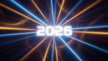Year 2026 glowing text with abstract light streaks futuristic concept for New Year or technology bac