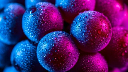 Close up studio shot of glistening plums illuminated by neon blue and magenta lights, showcasing water droplets on their smooth, colorful surfaces