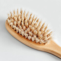 Close up of a natural bristle wooden baby hairbrush