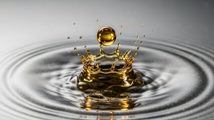 Golden droplet collision, liquid crown formation during fluid dynamics experiment creating mesmerizing ripples, macro photography