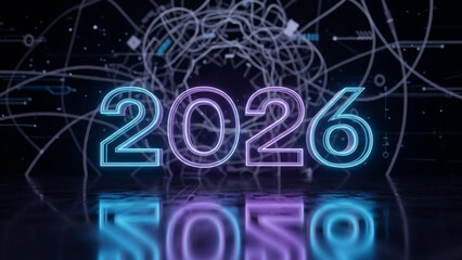 Neon 2026 text with futuristic circuit background representing new year technology and future concep