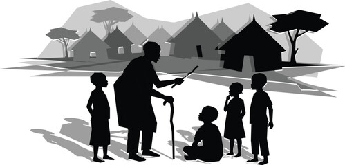 Village elder teaching children silhouette illustration, traditional rural storytelling and learning scene, cultural heritage education concept, black and white vector artwork