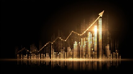 Abstract financial growth concept golden arrow rising above city skyline