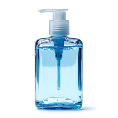 Clear bottle of blue liquid hand soap or sanitizer on white background