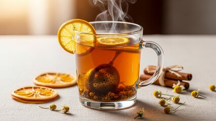 Aromatic citrus tea steeping in glass mug beside dried oranges, cinnamon sticks, and chamomile flowers creates a calming and healthy herbal beverage
