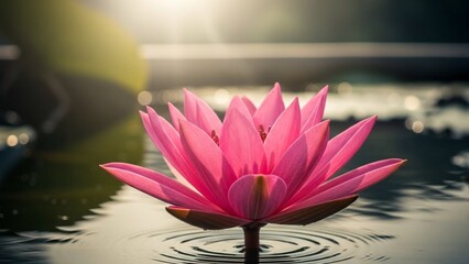 Perfect pink lotus flower elegantly blooming serenely on a peaceful pond with light rays shining down, creating ripples in the water