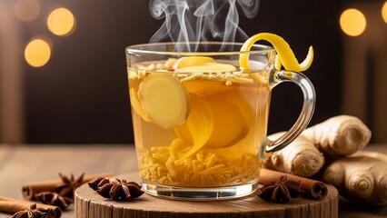 Close up of a hot ginger tea infused with lemon, star anise, and cinnamon, presented on rustic wood against a bokeh backdrop for a soothing, aromatic composition