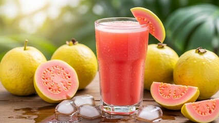 Refreshing guava juice served in glass with fruit slices, ice cubes on a wooden table under sunny, bright light, creating an inviting, tropical beverage scene