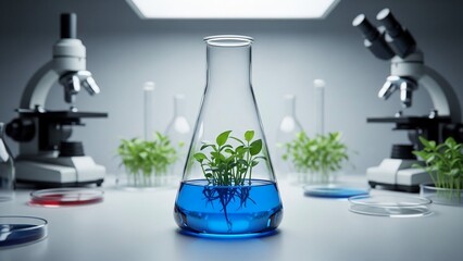 Close up of plant sprouts growing in a blue liquid filled flask in a research lab with microscopes, petri dishes, and other lab equipment on a surface