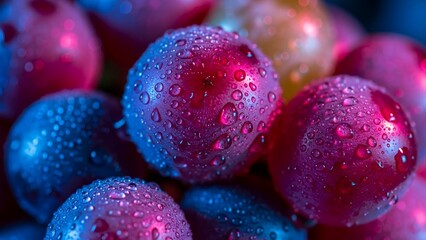 Close up of glistening ripe plums with colorful lighting exhibiting fresh droplets, appealing for healthy snack and vibrant fruit concepts