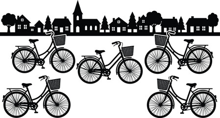 Vintage city bicycle silhouette illustration with urban town skyline, retro cycling transportation concept, black and white vector design for decor and branding