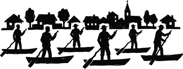 Village fishermen rowing wooden boats silhouette illustration, traditional river transport and livelihood scene, rural community lifestyle concept, black and white vector artwork
