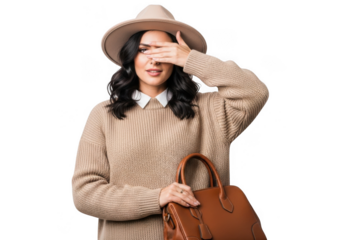 Young woman wearing a stylish beige sweater and hat, covering her eyes with her hand and holding a brown leather handbag, isolated on transparent background