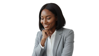 Confident professional African American woman in gray suit smiling thoughtfully, perfect for business, career, and leadership themes on transparent background