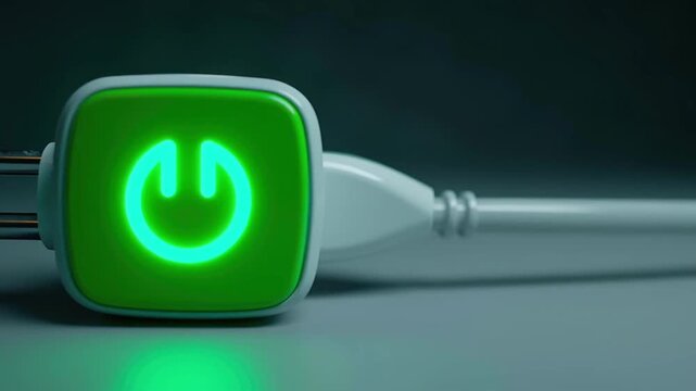 Green power plug with glowing icon and power symbol promoting efficient energy saving and efficient power consumption for modern energy saving