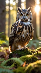 Owl in forest at sunrise.