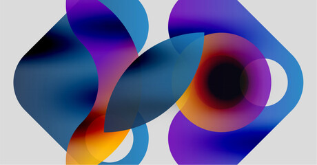 Fototapeta premium Abstract fluid shapes overlap, creating vibrant color blends. Purple, blue, orange hues dominate composition. Soft gradients define forms.