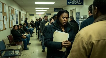 Diverse people waiting in a long line at a government office with a concerned black woman holding documents for public services concept and bureaucratic hardship
