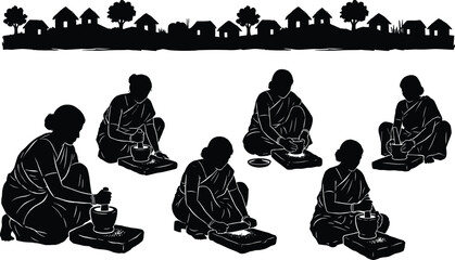 Women working together in rural village silhouette illustration, traditional handmade food preparation scene, cultural lifestyle concept, black and white vector artwork