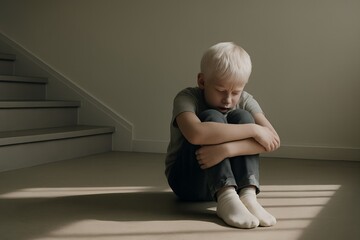 Lonely young boy sitting with knees hugged on a dark floor by home stairs for mental health concept and childhood vulnerability