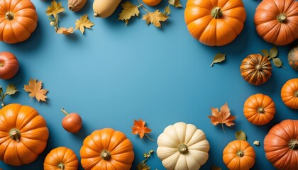 Blue background featuring assorted fall fruits and vegetables, including pumpkins, apples, and oranges