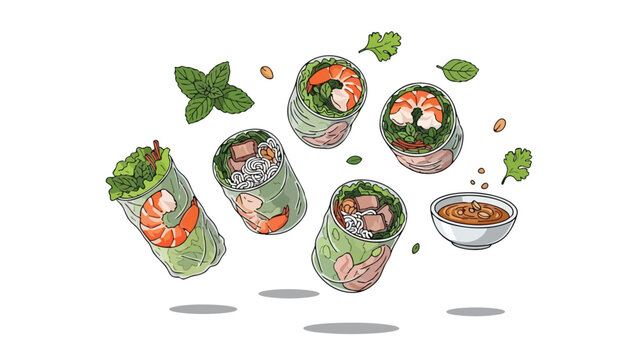 Vibrant Illustration of Fresh Vietnamese Spring Rolls with Dipping Sauce and Herbs