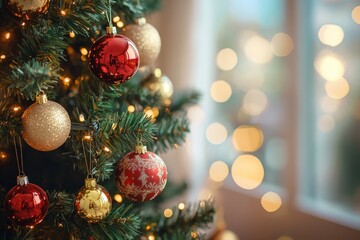 christmas tree decorations on red background