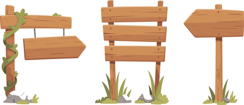 Set of rustic wooden direction signs and pointers, rural garden trail wood banner vector illustration for parks